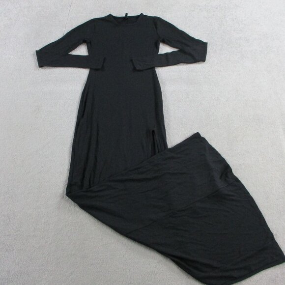 SKIMS Long Sleeve Maxi Dress Womens Small Black Ribbed Slit Modal Blend Stretch - Picture 1 of 7